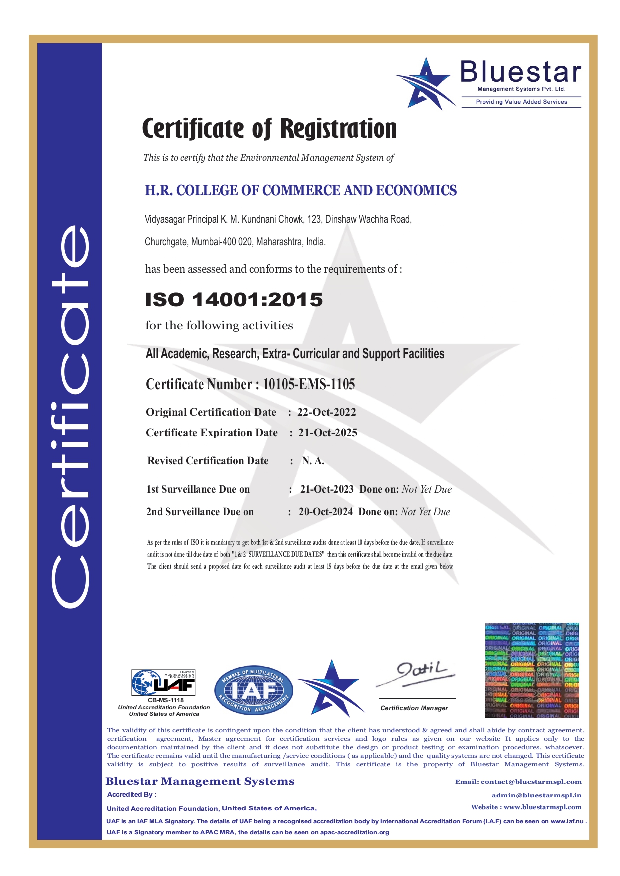 Green Audit certified by Bluestar - ISO 14001-2015